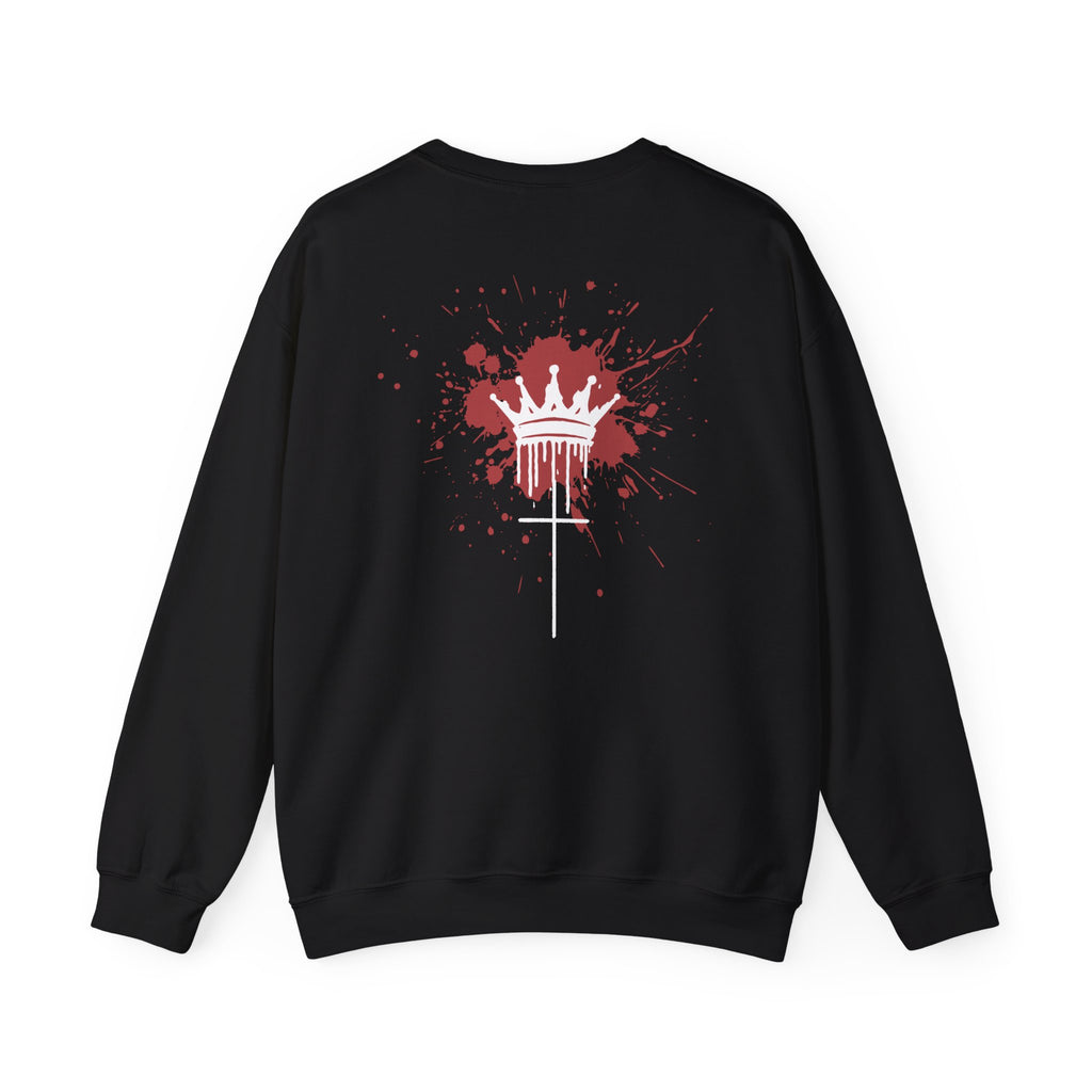 Crewneck Sweatshirt — Blood Splash Crown Graphic (Minimal Chest Cross)
