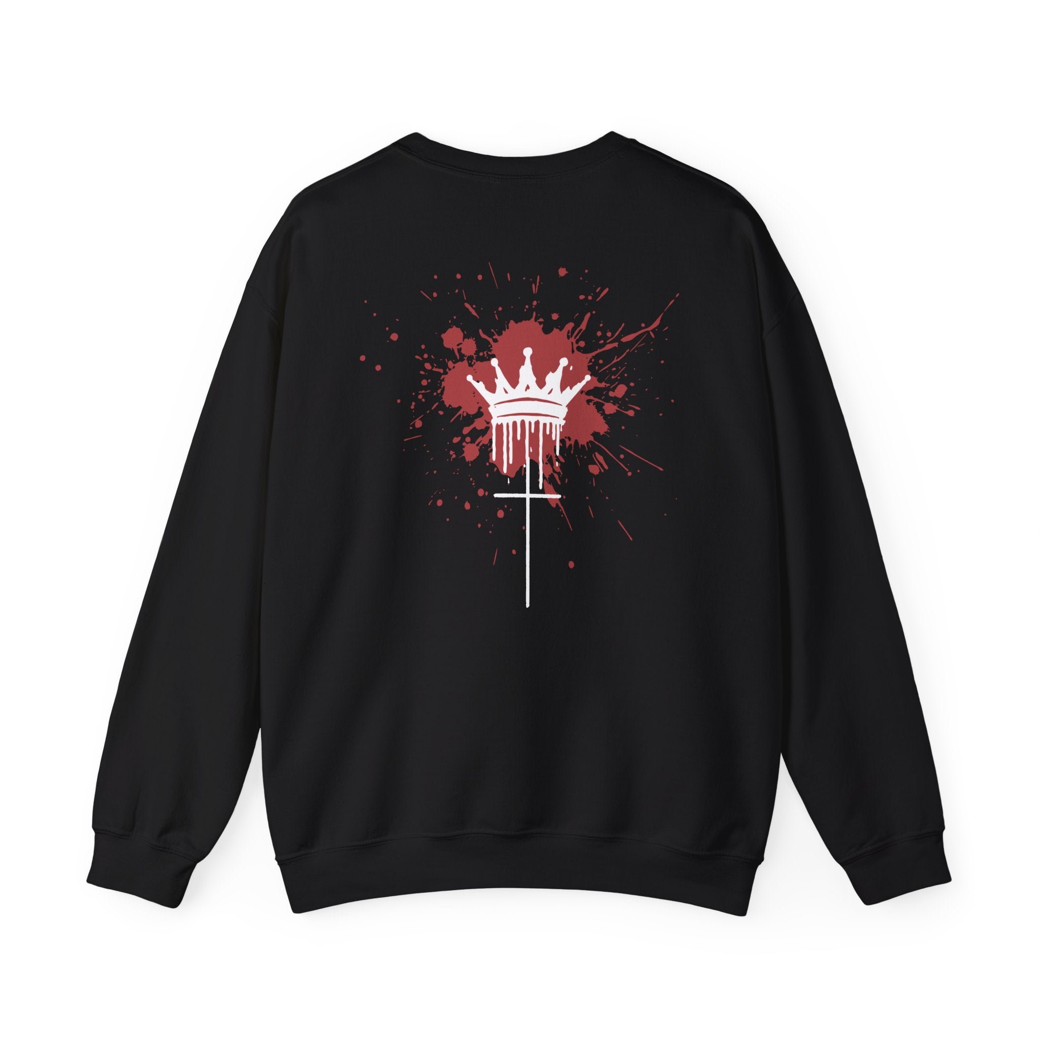 Crewneck Sweatshirt — Blood Splash Crown Graphic (Minimal Chest Cross)