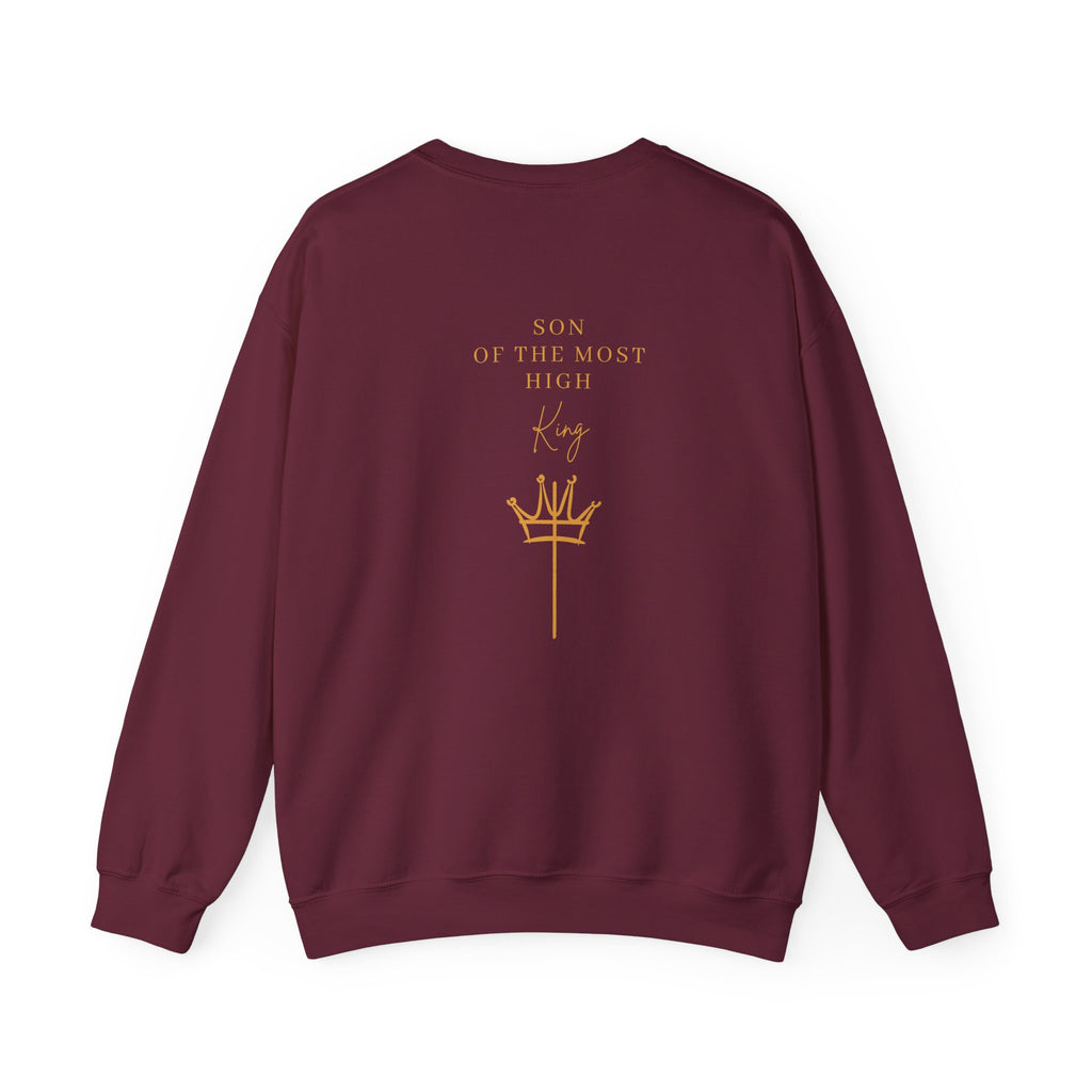 Crewneck Sweatshirt — Minimal Gold Cross & 'Son of the Most High' Back Design