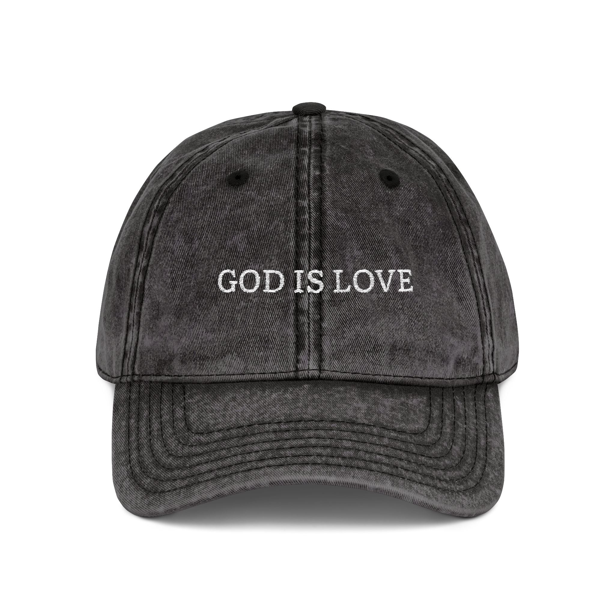 God Is Love Vintage Embroidered Cap — Washed Black Faith Baseball Hat