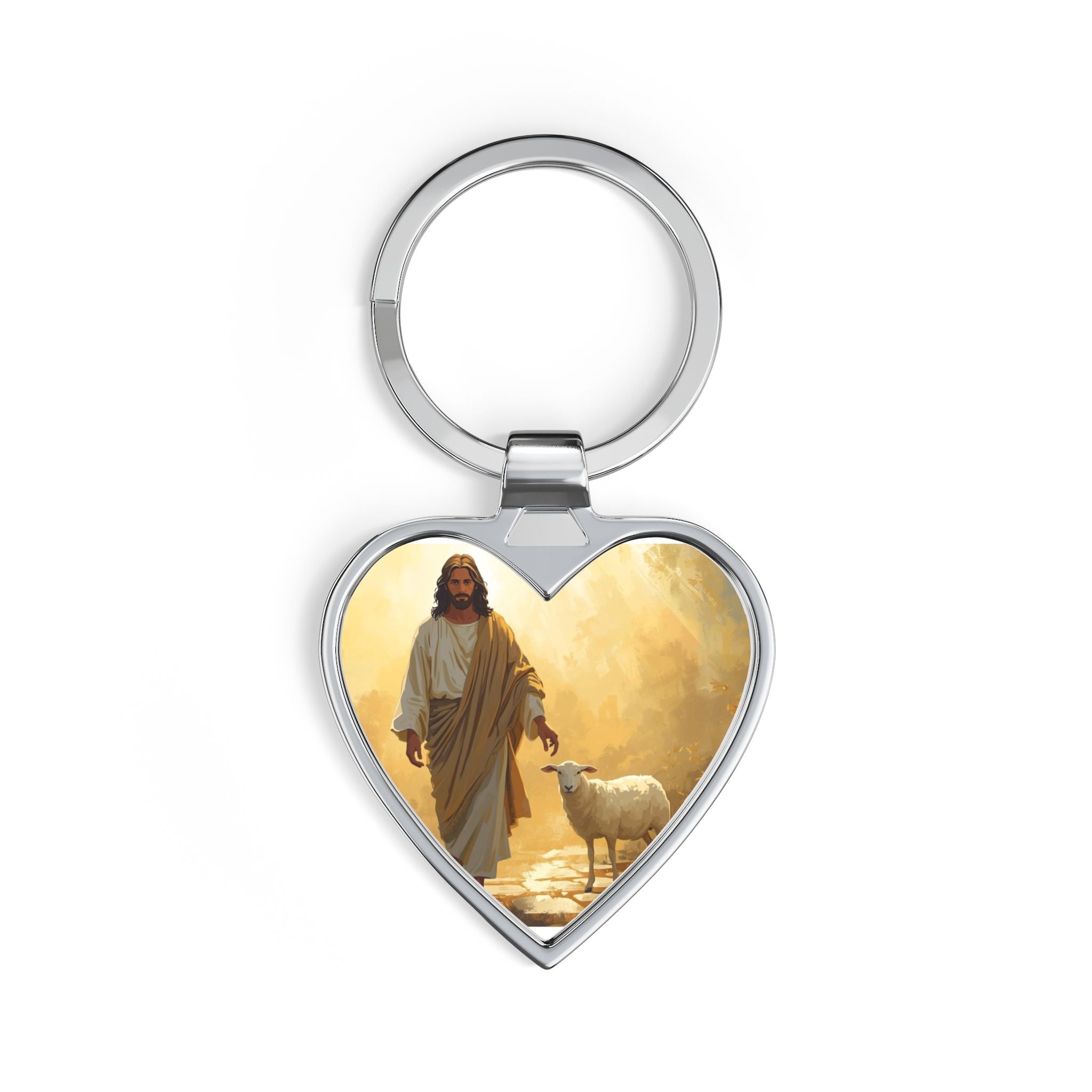 Jesus with Lamb Heart Keychain - Christian Religious Faith Pendant Gift