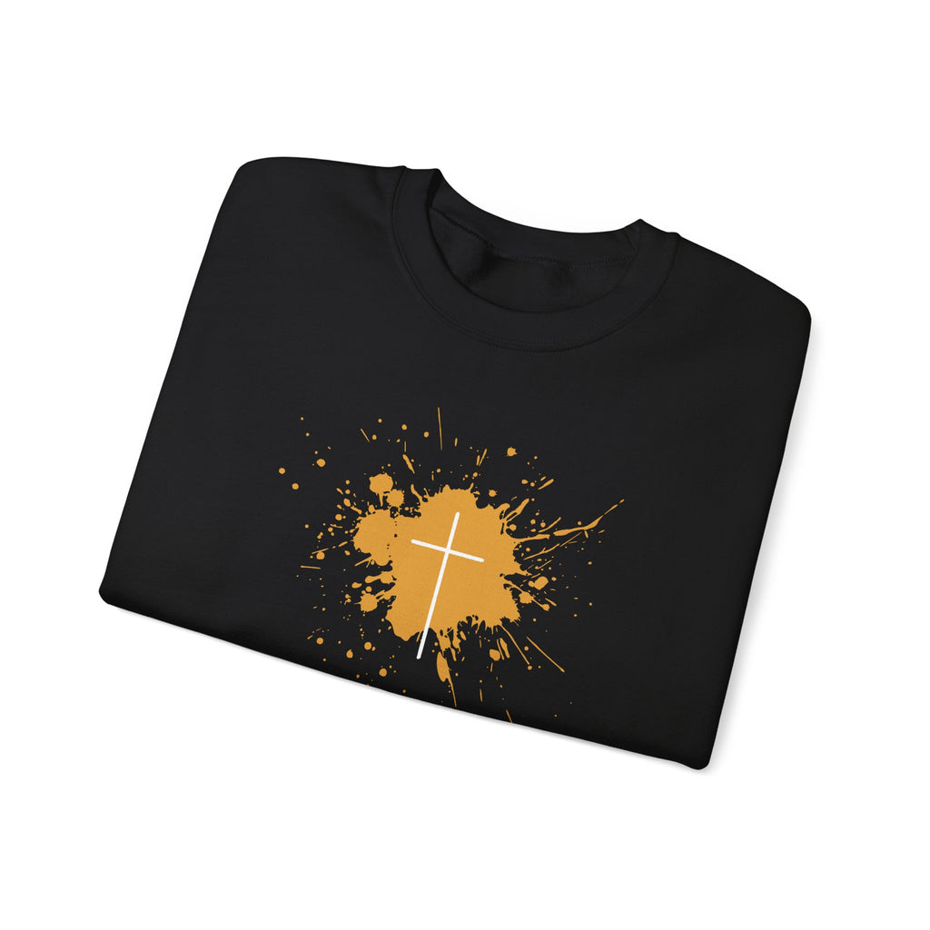 Crewneck Sweatshirt — Blood Splash Crown Graphic (Minimal Chest Cross)