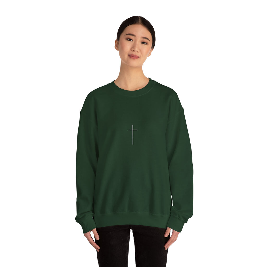 Crewneck Sweatshirt — Minimal Cross Front & “Be kind” Back | Christian Inspirational Gift