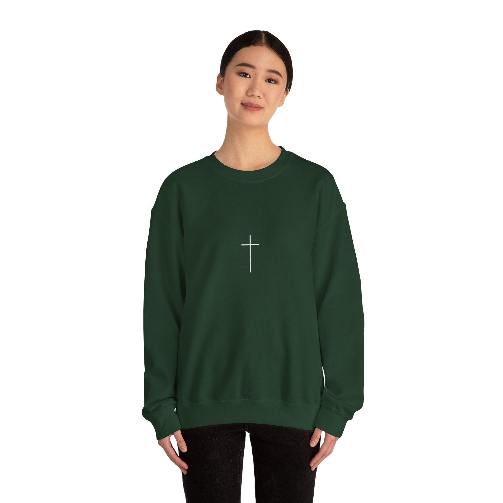 Crewneck Sweatshirt — Minimal Cross Front & “Be kind” Back | Christian Inspirational Gift