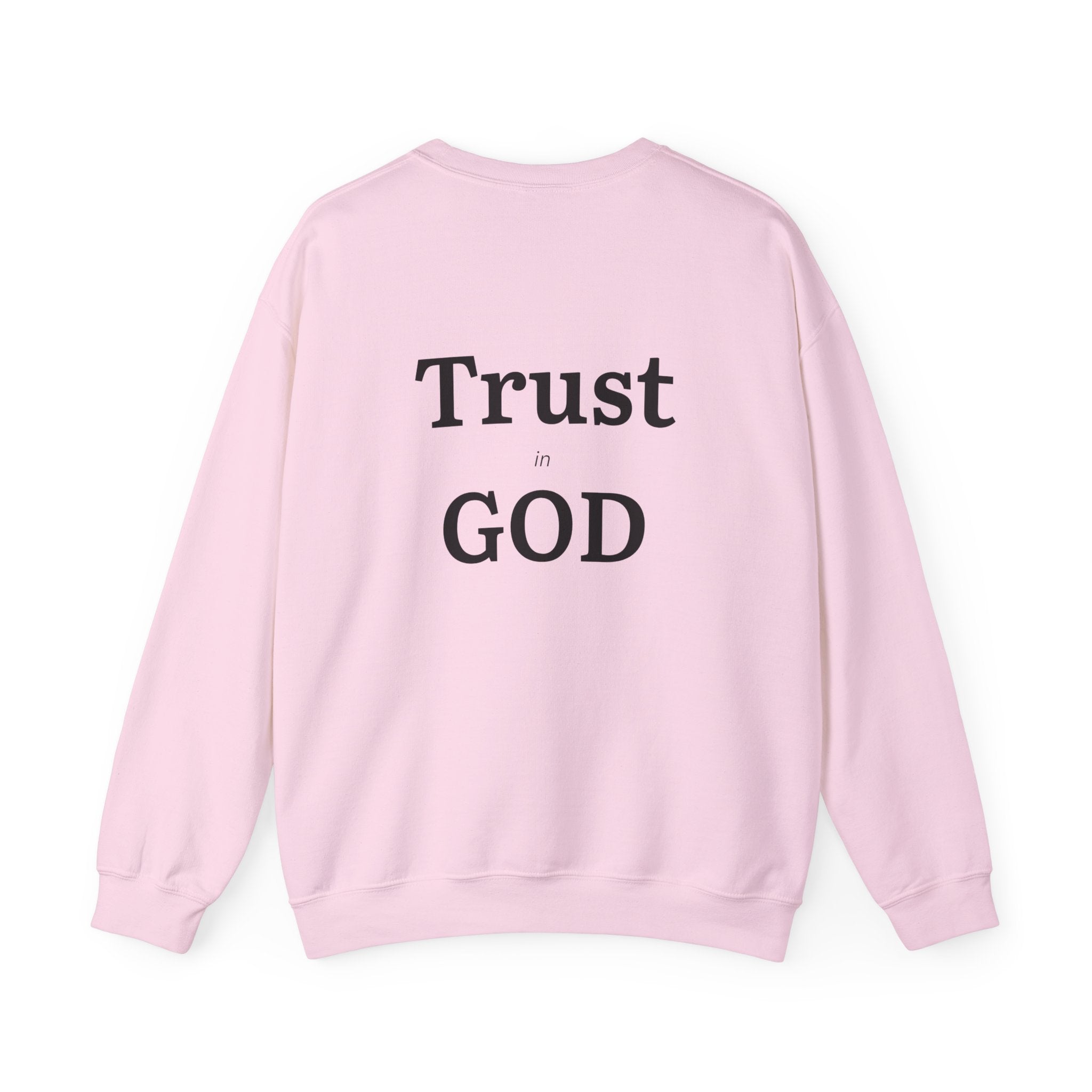 Christian Crewneck Sweatshirt — Minimal Cross Front, “Trust in God” Back