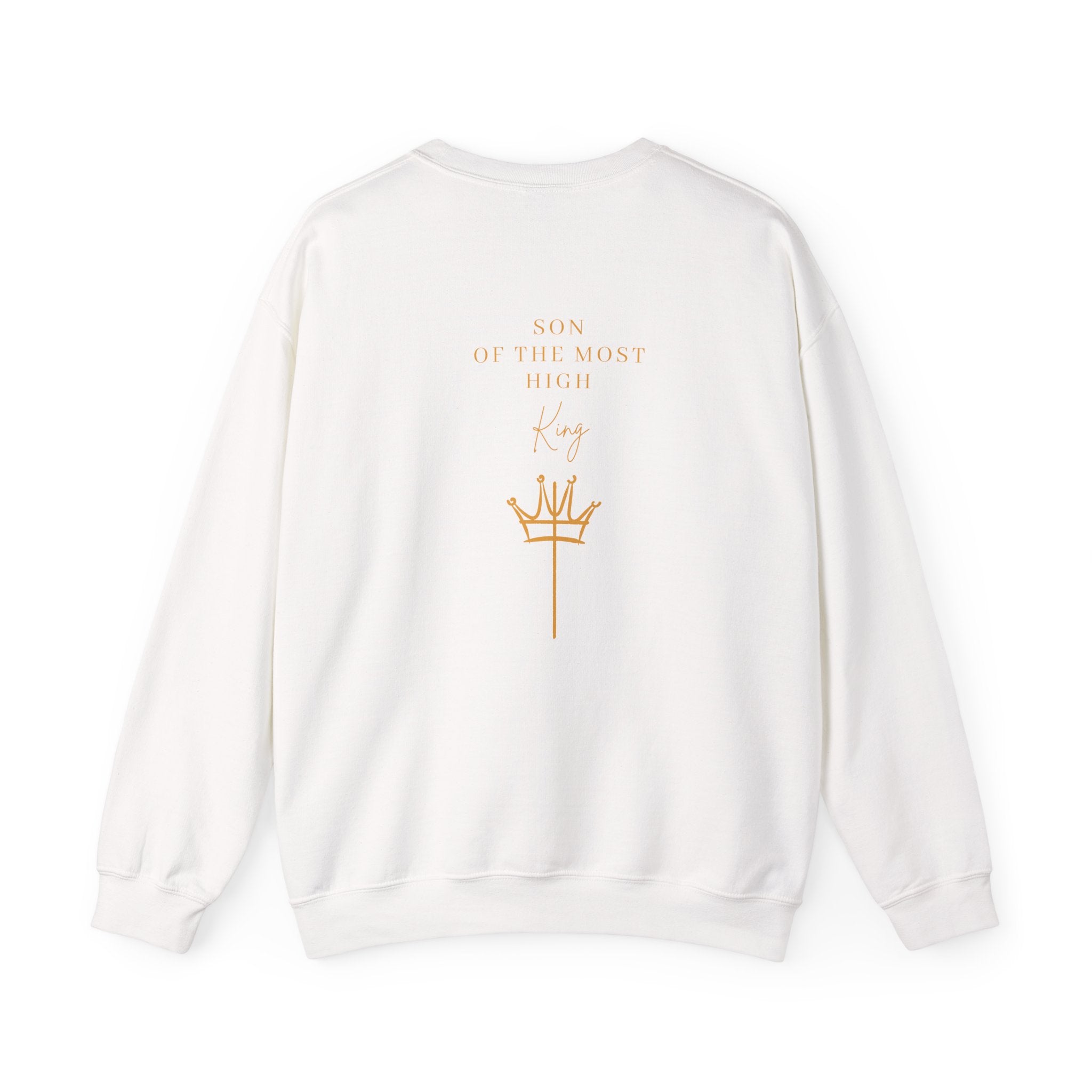 Crewneck Sweatshirt — Minimal Gold Cross & 'Son of the Most High' Back Design