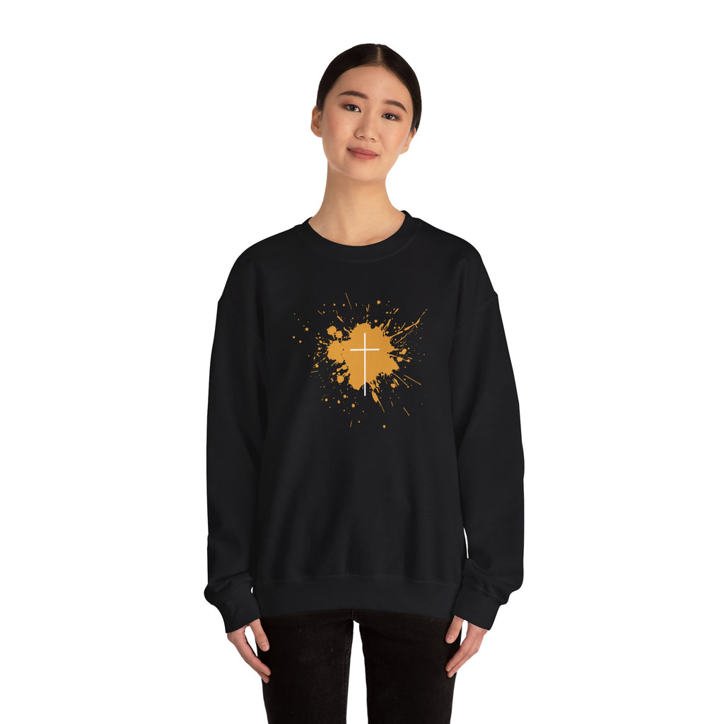 Crewneck Sweatshirt — Blood Splash Crown Graphic (Minimal Chest Cross)