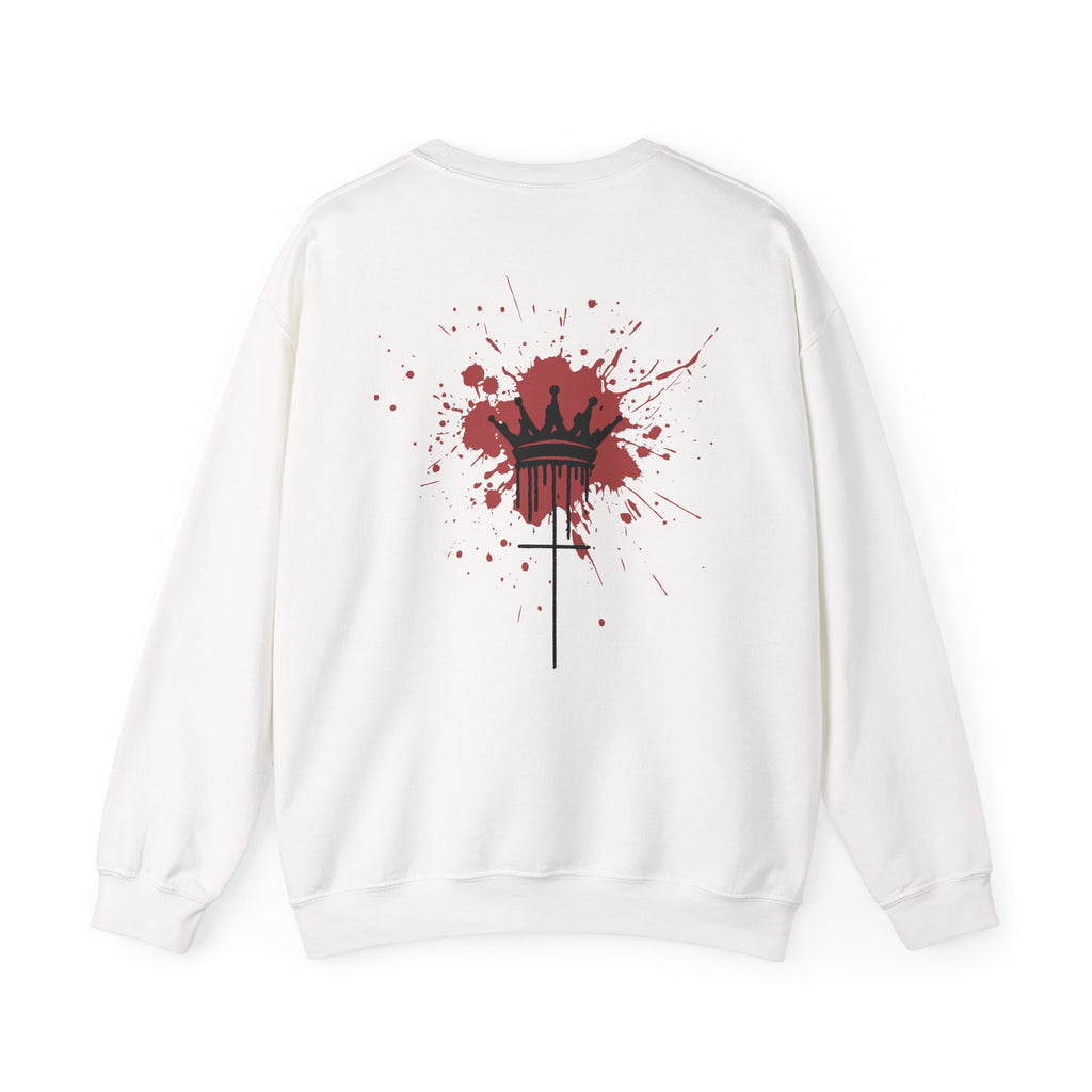 Crewneck Sweatshirt — Blood Splash Crown Graphic (Minimal Chest Cross)