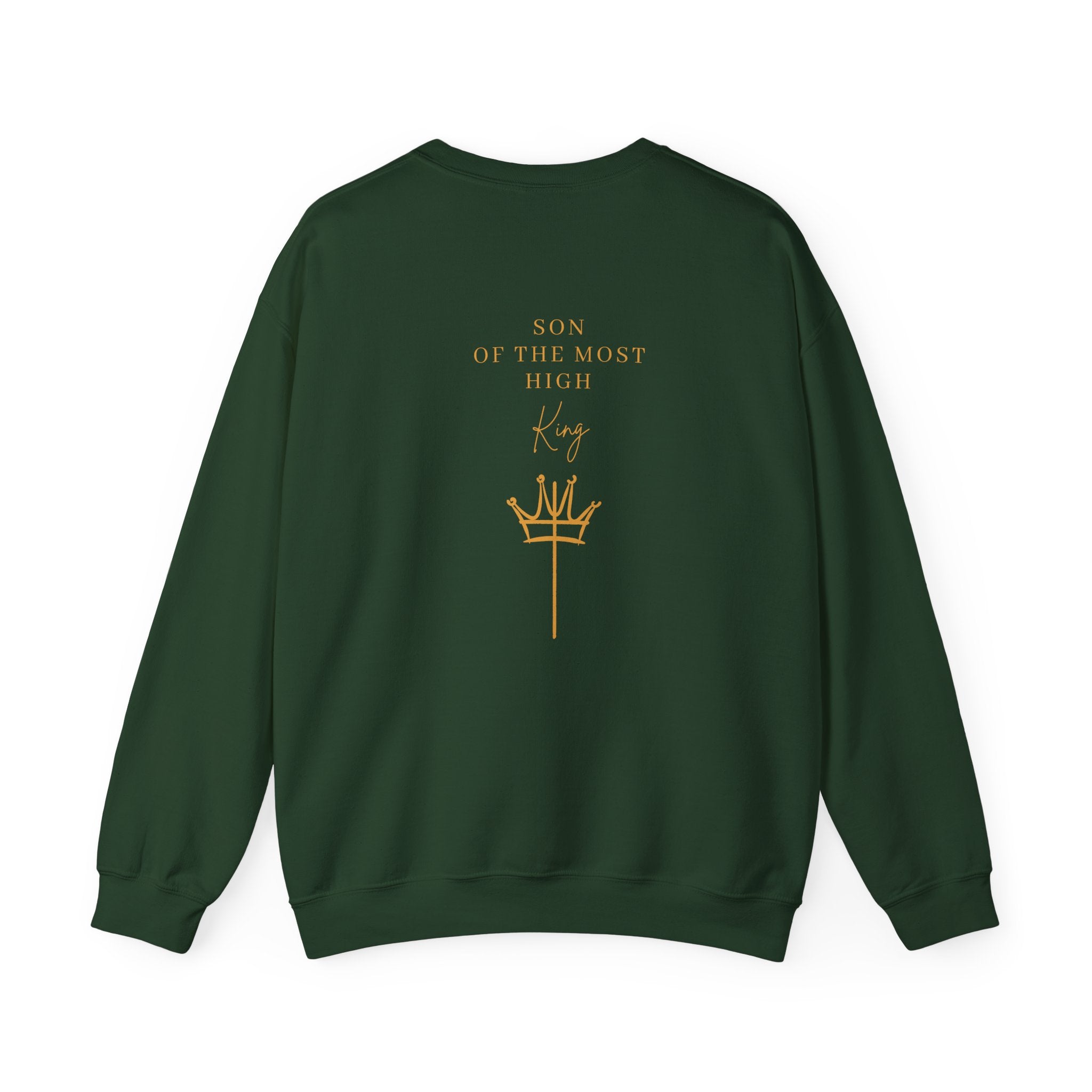 Crewneck Sweatshirt — Minimal Gold Cross & 'Son of the Most High' Back Design