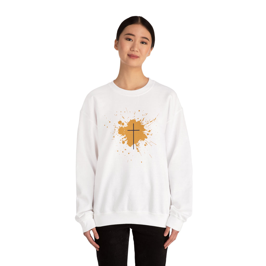 Crewneck Sweatshirt — Blood Splash Crown Graphic (Minimal Chest Cross)