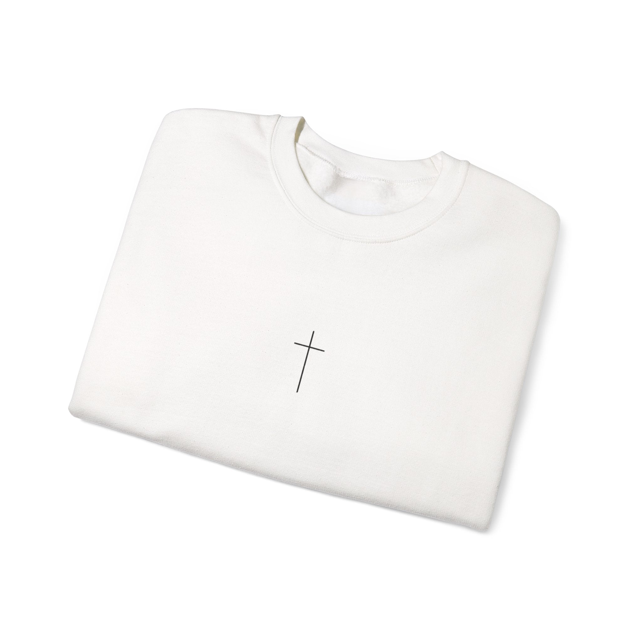 Christian Crewneck Sweatshirt — Minimal Cross Front, “Trust in God” Back