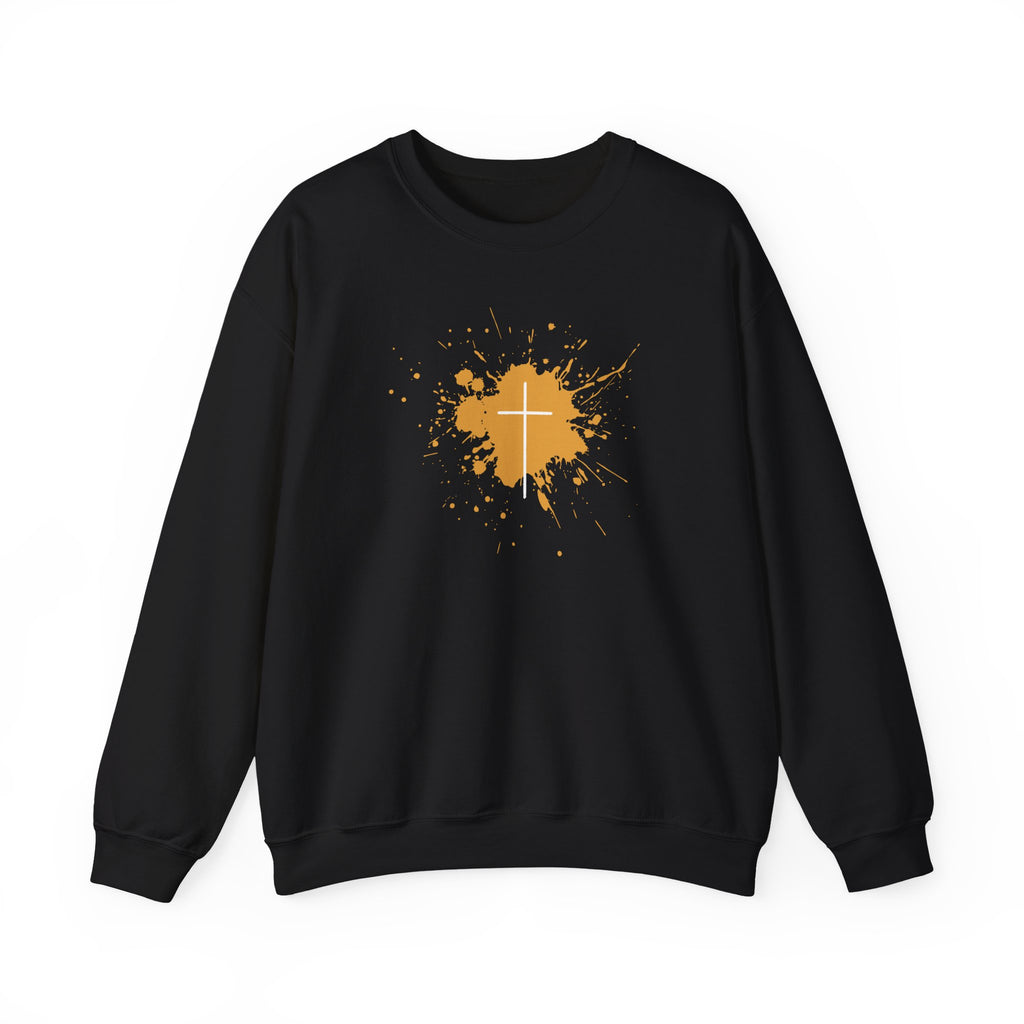Crewneck Sweatshirt — Blood Splash Crown Graphic (Minimal Chest Cross)