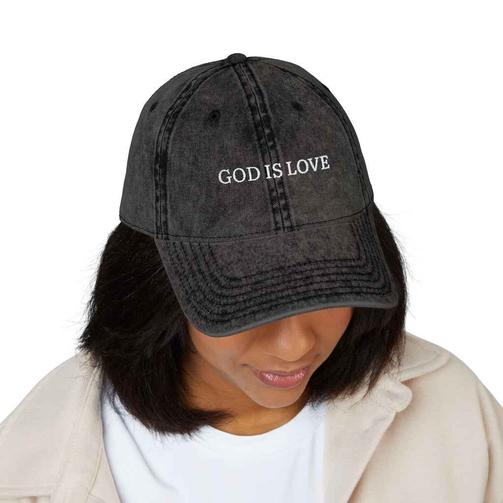 God Is Love Vintage Embroidered Cap — Washed Black Faith Baseball Hat