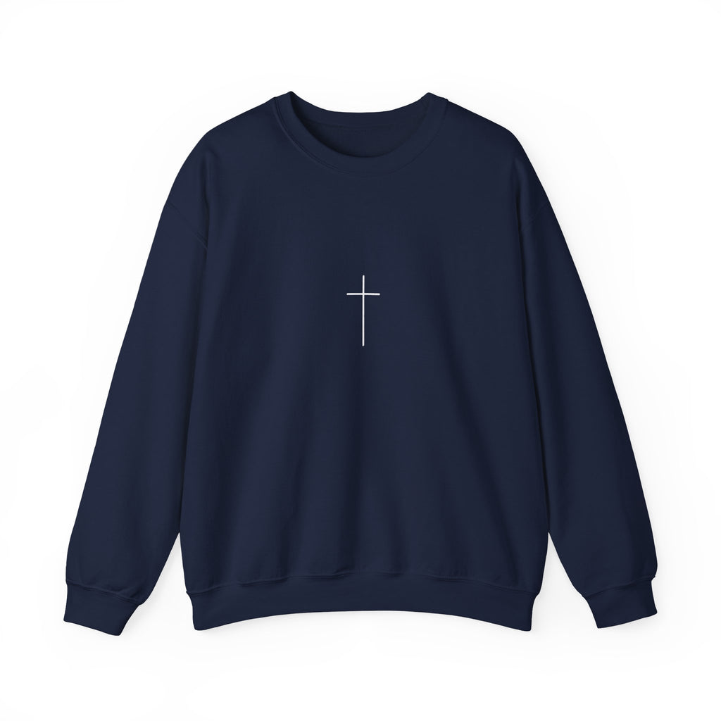Crewneck Sweatshirt — Minimal Cross Front & “Be kind” Back | Christian Inspirational Gift