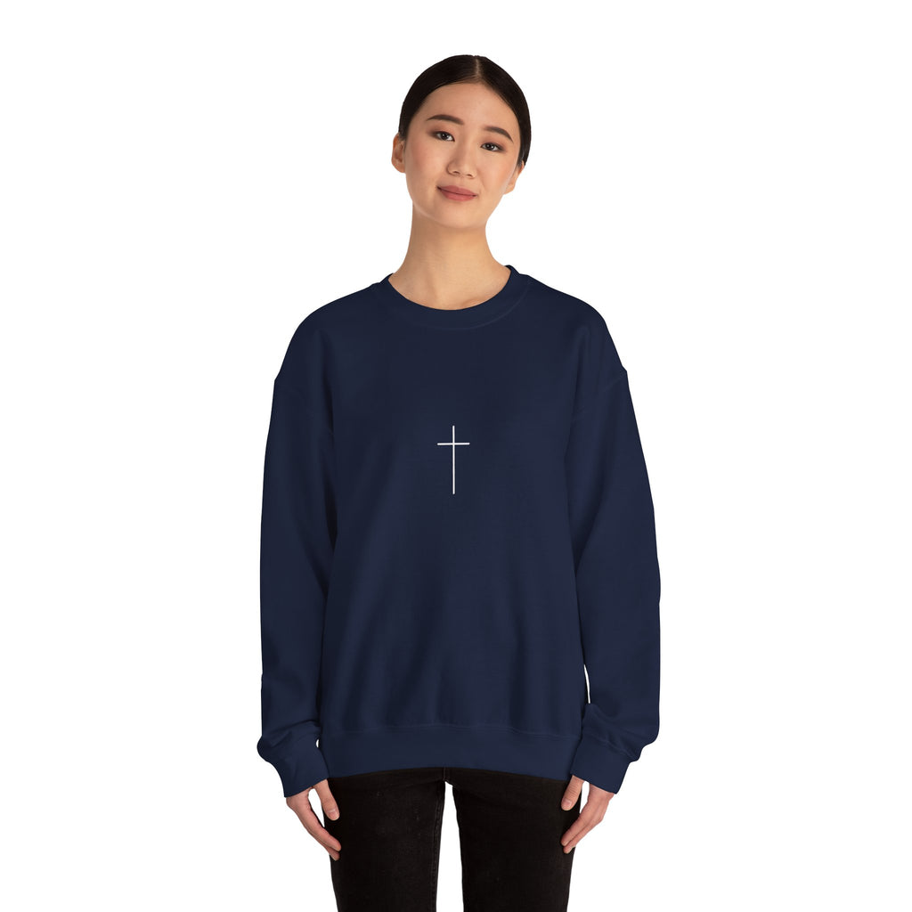 Crewneck Sweatshirt — Minimal Cross Front & “Be kind” Back | Christian Inspirational Gift